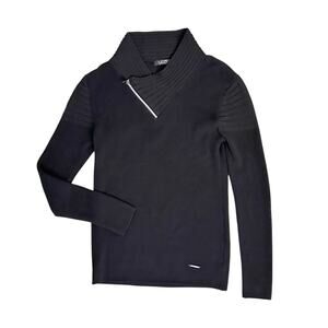 LCR Black Label Shawl Zip Neck Euro Fit Sweater Sz Large Black Mixed Knit